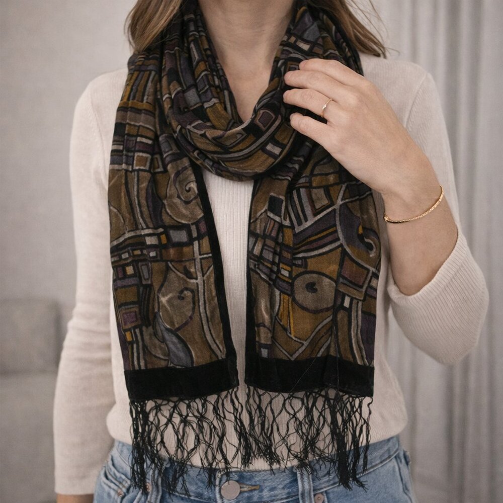 Vintage 100% Silk Abstract Fringe Scarf Brown Black Gold 68"